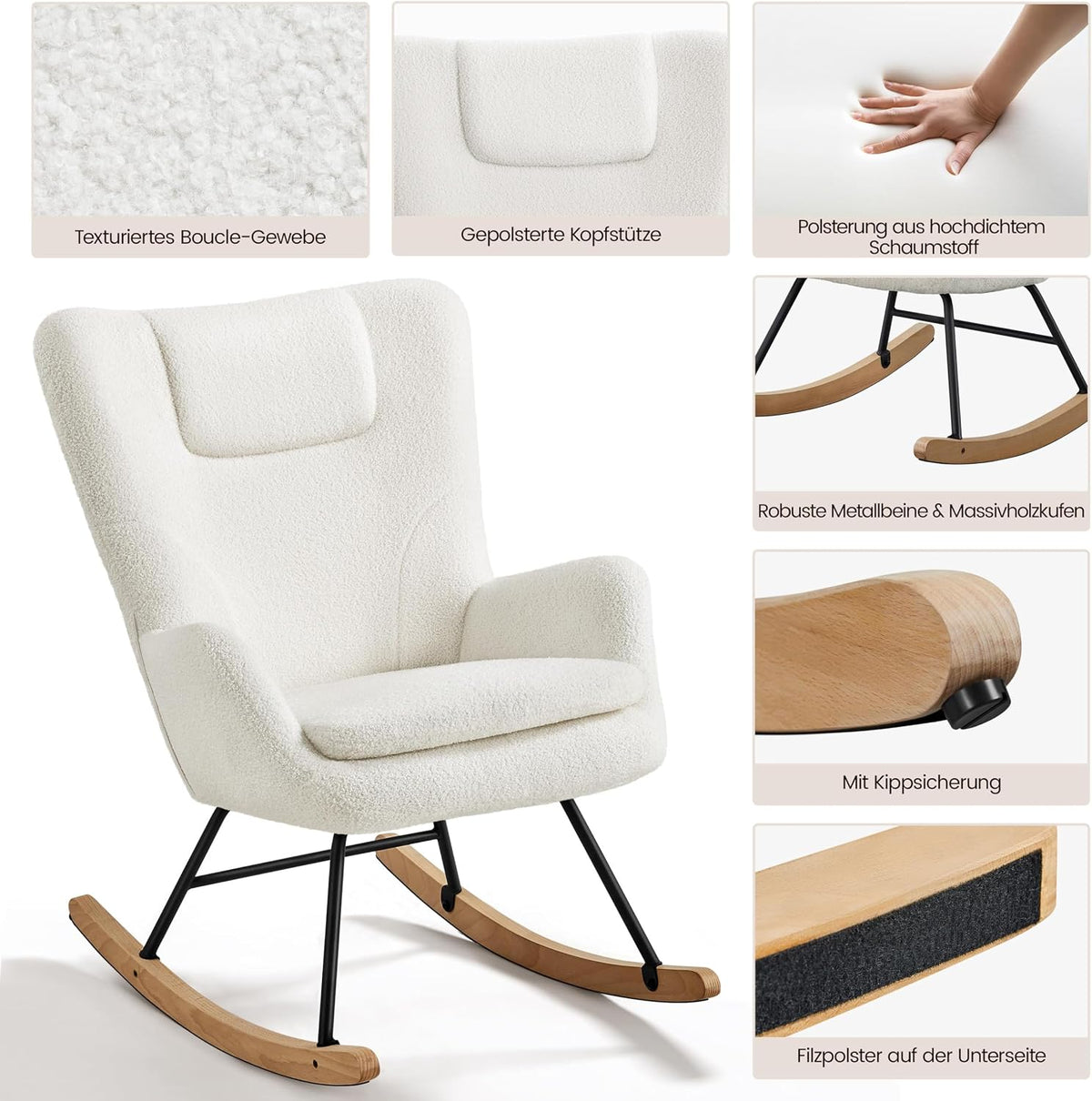 Yaheetech Schaukelstuhl Boucle Weiß mit klappbarer Rückenlehne – 82,5 x 70 x 95,5 cm