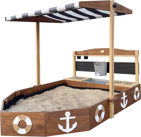 AXI Dora Boot Sandkasten mit Spielküche und Dach (UV50) 160 x 100 cm Anthrazit/Braun – Mit Kreidetafel und Stauraum – Inklusive Bodenplane – 10 Jahre Garantie!