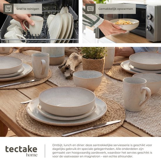 tectake® Geschirrset Mare – 30-teilig – Steingut mit glänzender Glasur - Für 6 Personen - Handgefertigtes Geschirr - Modernes Tellerset mit großen und kleinen Tellern, Schüsseln, Schälchen und Tassen - Spülmaschinen- und mikrowellengeeignet - Sandfarben