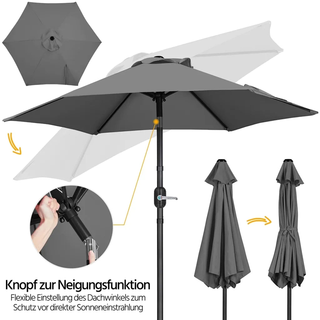Yaheetech Sonnenschirm Ø 226 cm – Grau – 226 x 226 x 240 cm – Mit Schwenk- und Neigungsfunktion