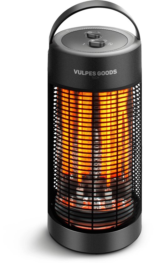 Vulpes Goods® Tech - Infrarotheizung - Elektroofen - Infrarotheizung - Heizung - Zusatzheizung für drinnen und draußen - 1200W - 120°/360° Rotation - 2 Wärmestufen - Kompakt & Tragbar - Geräuschlos - IPX4 Wasserdicht - Schwarz