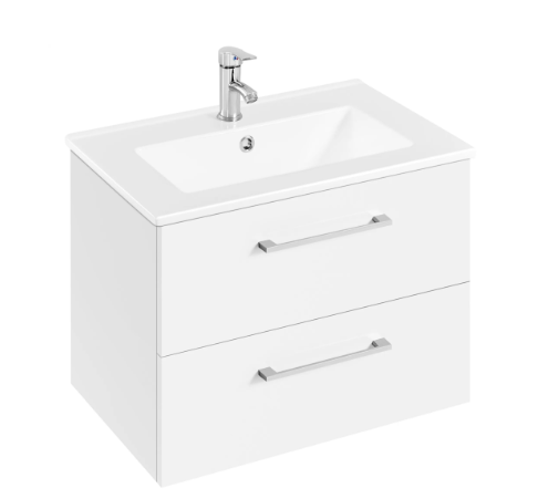 Yaheetech Badezimmerschrank mit Waschbecken – Weiß Hochglanz – 61 x 39,5 x 45,5 cm – Wandmontage, 4 Schubladen, Keramik-Waschbecken