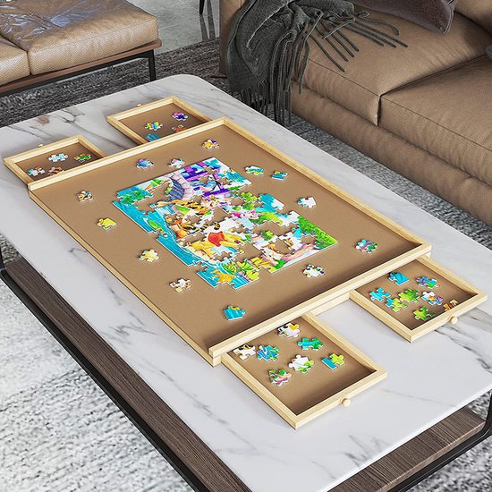 Diydash Puzzlebrett & Puzzletisch - 1000 Teile - 83 x 64 cm - Mit 4 Sortierschubladen & Aufbewahrungssystem - Holz - Braun