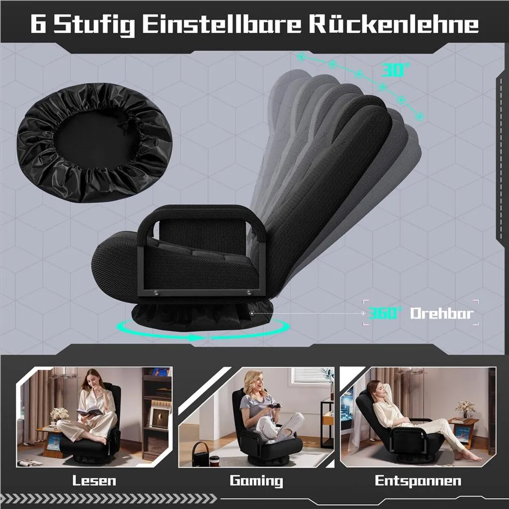 Yaheetech Drehbarer Bodensessel – Schwarz – Zusammenklappbarer Gaming-Sessel mit verstellbarer Rückenlehne