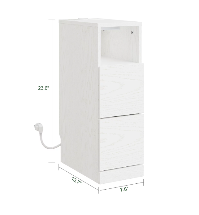 SoBuy Nachttisch 35 x 20 x 60 cm – Cremeweiß – 2 Schubladen – LED-Beleuchtung – USB-Anschluss und Steckdose