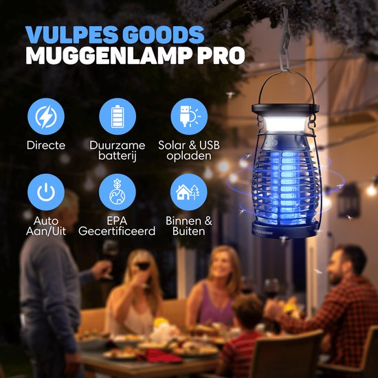 Vulpes Goods® Repellent Mückenlampe PRO - Elektrischer Insektenvernichter - UV-Modus & Nachtlicht - Aufhängbar - Wiederaufladbar & Solar - Wasserdicht - Inkl. Auffangschale & Reinigungsbürste