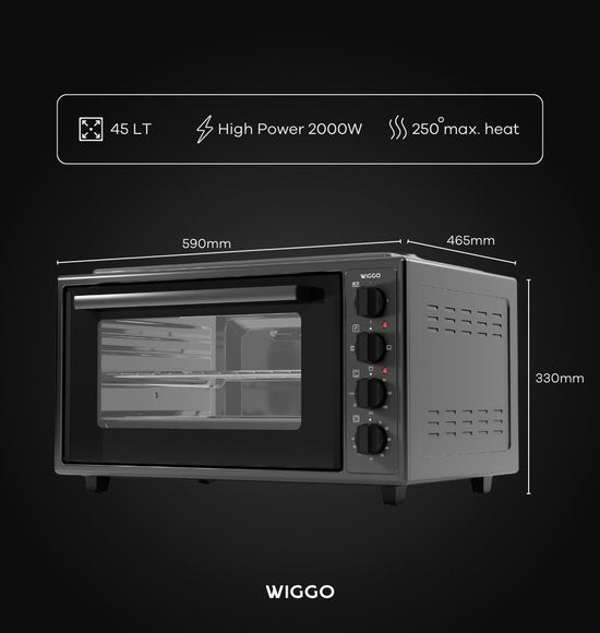Wiggo WMO-E4562H(B) - Freistehender Mini-Backofen mit Kochfeld - Elektrisch - 60 CM - 45 Liter - 3534 W - 5 Jahre Garantie - Schwarz