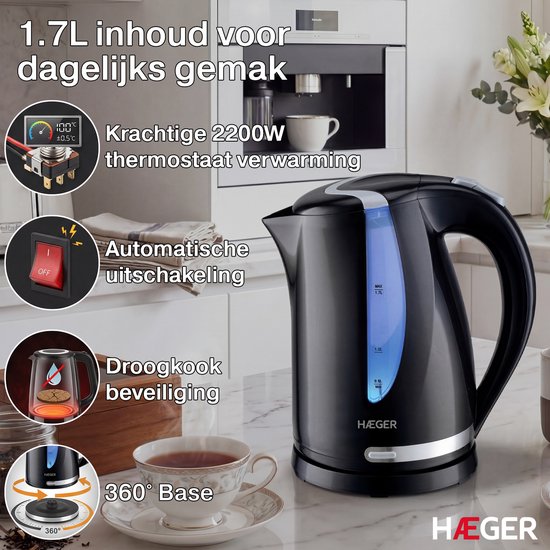 Haeger Blackness Wasserkocher – um 360° drehbar – 1,7 l – 2200 W – elektrisch – Cool-Touch – schwarz