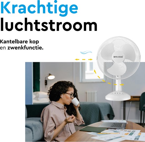 BRASQ Tischventilator - 30 cm - 3 Geschwindigkeiten - Standventilator - 40 Watt - Weiß