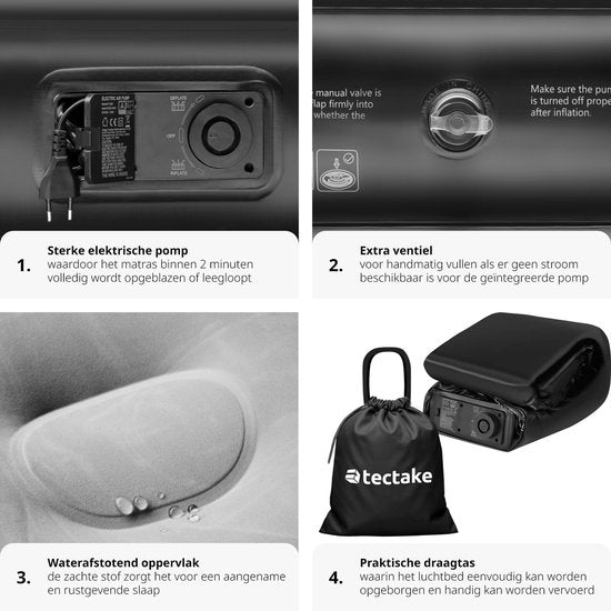 tectake - AirDreams aufblasbare Matratze mit elektrischer Pumpe - Inklusive Tragetasche mit Kordelzugverschluss - Wasserfest - Schlafzimmer - Camping - Gästebett - Abmessungen (LxBxH) 200 x 148 x 44 cm