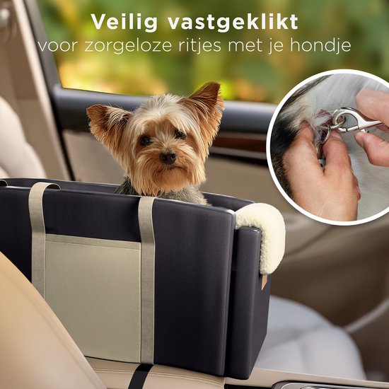 CozySense® Hundeautositz - Hundekorb Auto mit waschbarem Bezug - Für kleine Hunde - Passt in die Mittelkonsole - Auch als Tragetasche - Schwarz/Beige