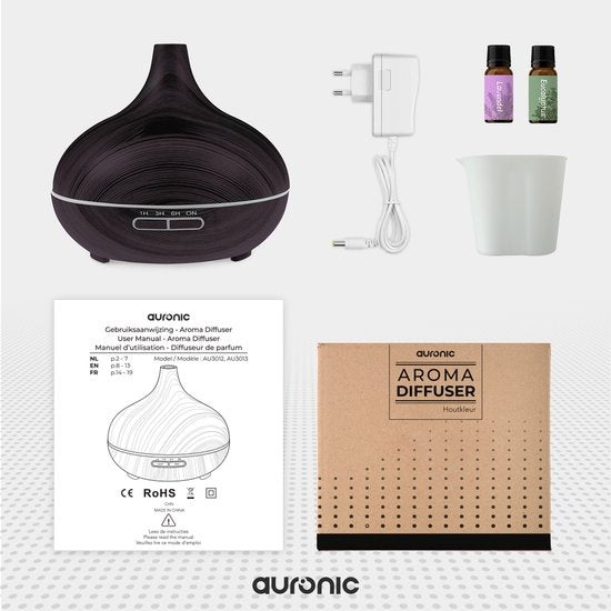 Auronic Aroma Diffuser - 300 ml - Luftbefeuchter - 7 LED Farben - Inkl. 2x Ã–l - Dunkelbraun