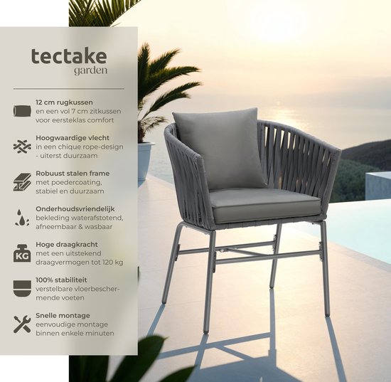 tectake - Gartenstuhl, 2er-Set, Metall-Outdoor-Stuhl, Terrassenstuhl mit Armlehnen, Loungesessel, Gartensessel, Gartenmöbel, Balkonmöbel, Gartenset Lounge, wasserabweisende Polster, verstellbare Beine