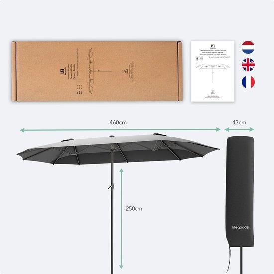 LifeGoods Doppelter Sonnenschirm - 270x460cm - Bis zu 15 Personen - Wasserdicht - Mit Bezug - Dunkelgrau