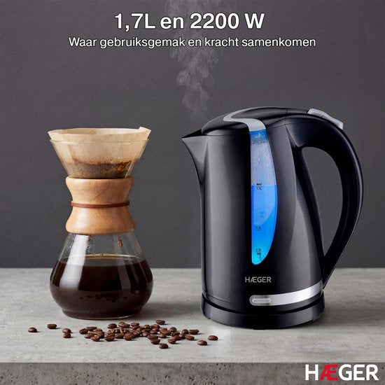 Haeger Blackness Wasserkocher – um 360° drehbar – 1,7 l – 2200 W – elektrisch – Cool-Touch – schwarz