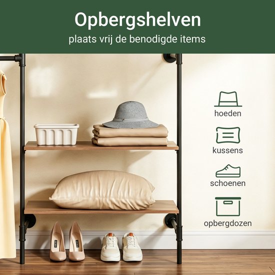 SoBuy Wandgarderobe mit 4 Kleiderstangen und 4 MDF-Regalböden, offener Kleiderschrank, Tragkraft 120 kg für das Schlafzimmer, 265 x 48 x 220 cm, Industrial-Schwarz KLS19-SCH