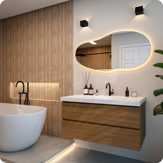Mirlux Badezimmerspiegel mit LED-Beleuchtung – Asymmetrischer Wandspiegel – Beschlagfreier Duschspiegel – 120 x 60 cm
