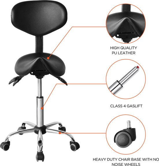 Sattelhocker ergonomische Stuhl - Höhenverstellbar (55 cm bis 73 cm) - Neigbare und verstellbare Rückenlehne - Schwarz