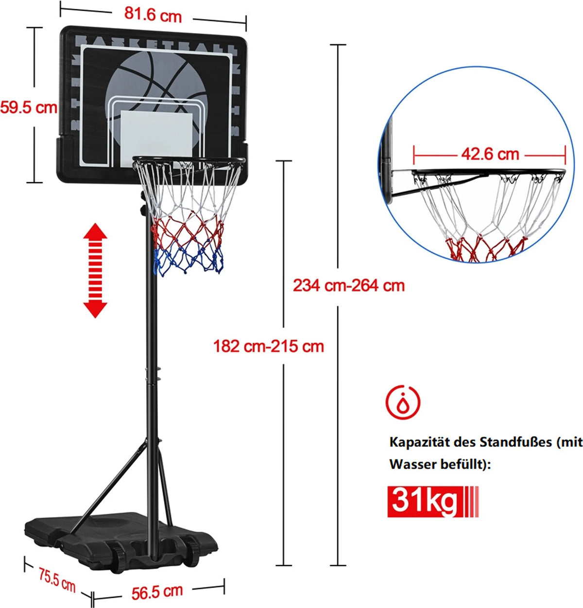 Höhenverstellbarer Basketballkorb mit Rollen, 182–215 cm, schwarz