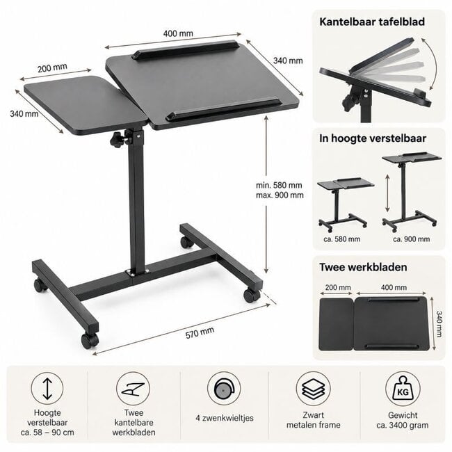 Ceruzo Rollbarer Laptop-Tisch – Höhenverstellbar – 2 neigbare Arbeitsflächen – Schwarz