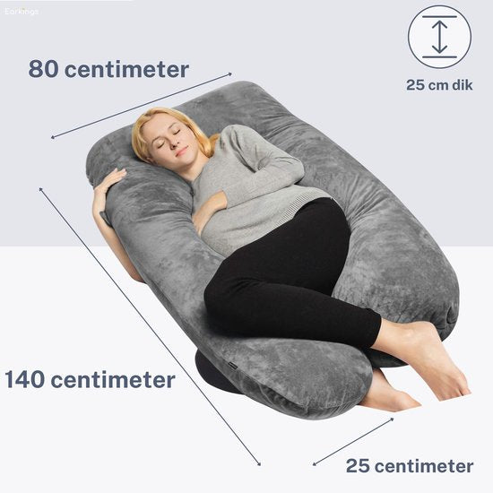 Earkings Schwangerschaftskissen Seitenschläferkissen 140x80cm U-Form mit abnehmbarem Bezug - Body Pillow dunkelgrau
