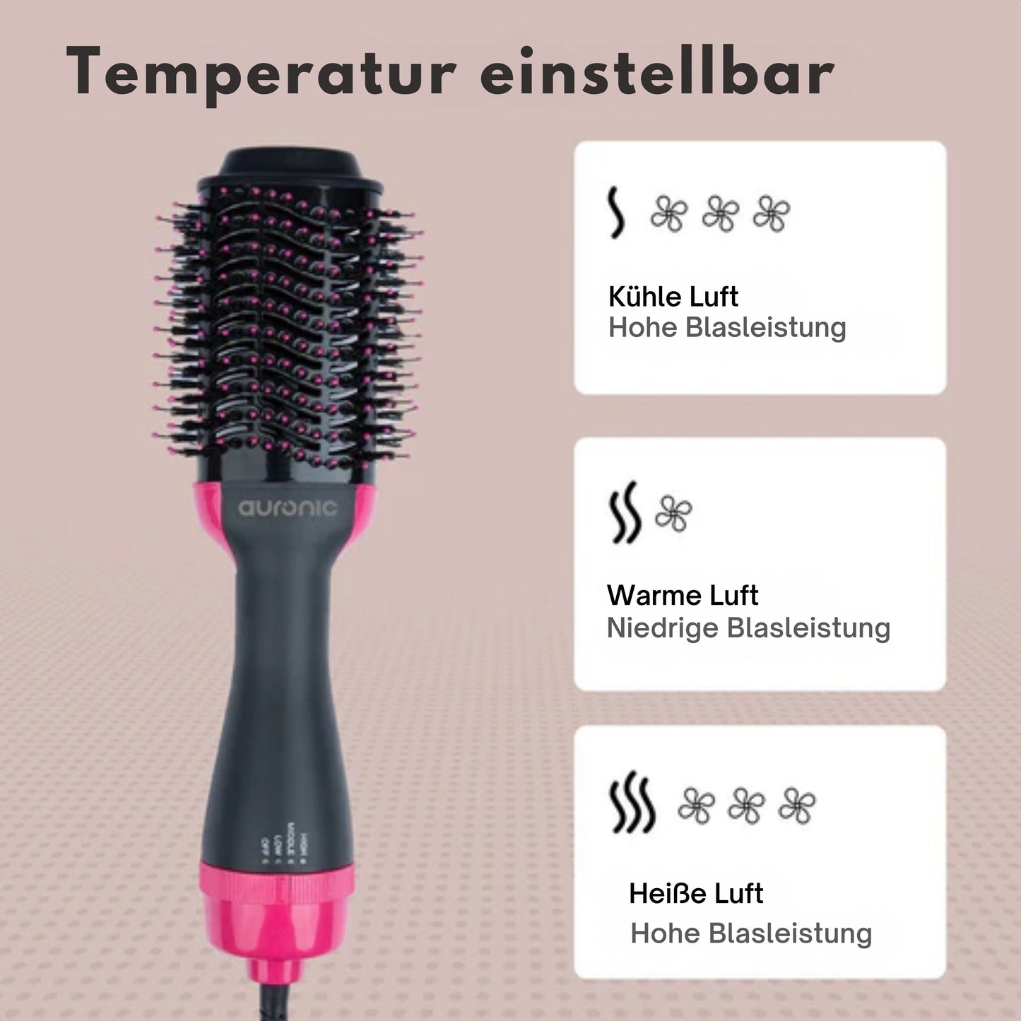 Auronic 3-in-1 Haartrocknerbürste - Rund - Lang/Kurz/Style/Locken - Schwarz/Pink