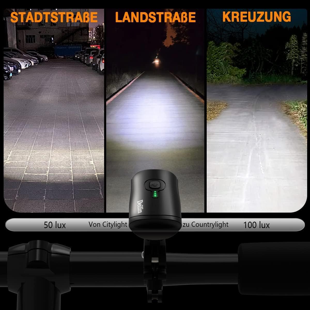 Deilin Fahrradbeleuchtungsset Premium – Mit intelligenter Helligkeitsregelung, Akkustandsanzeige und IPX5-wasserdichtem Gehäuse – Zur Montage am Lenker und für mehr Sicherheit im Straßenverkehr – Schwarzes Polycarbonat – 100 Lux