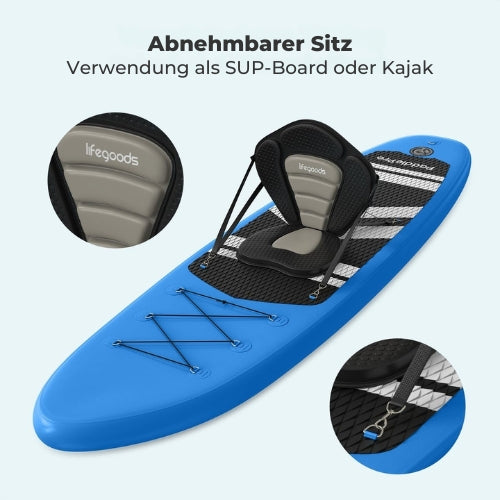 LifeGoods SUP Board - mit Sitz - Aufblasbares Paddle Board - Komplettset - Max. 135KG - 320x81cm - Blau