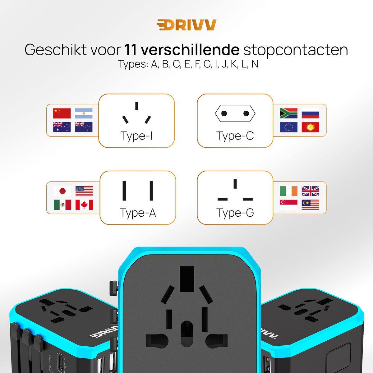 Drivv. Universeller Weltstecker – 4x USB & 1x USB-C-Schnelllade-Reiseadapter – Reisestecker für Amerika / England / Großbritannien / Kanada / Afrika / Japan / Mexiko / Thailand / Südamerika – Typ A, B, C, E, F, G, I, J, L, N – über 150 Länder – Reiseadapt