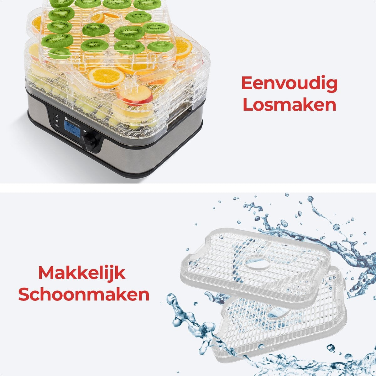 KitchenBrothers Dörrgerät - Elektrisch 380W - 5 Schichten - 9 Heizstufen - 35Â°C bis 75Â°C - LCD Display - Timer - Edelstahl/Schwarz