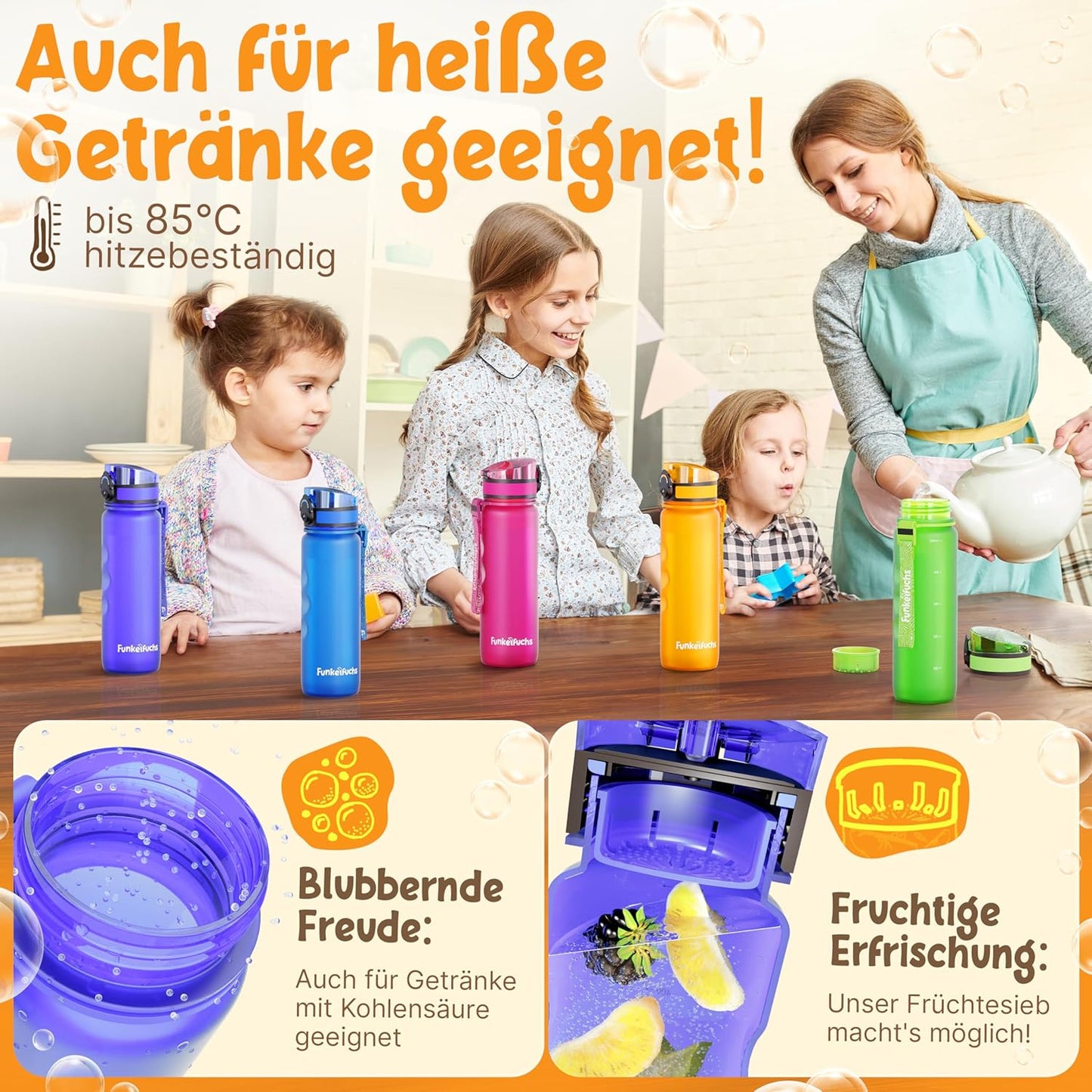 Funkelfuchs® Trinkflasche für Kinder - 500ml, lila - mit Kohlensäure - 100% auslaufsicher - Trinkflasche spülmaschinenfest - für Kindergarten, Einschulung, Schule, Sport