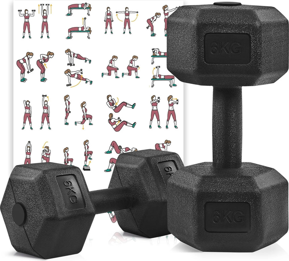 Yaheetech Hantelset 2 Stück - 12 kg - mit sechseckigem Anti-Roll-Design und bodenschonender Kunststoffbeschichtung und ergonomischem Griff - für Krafttraining und Cardio - schwarzer Beton und Metall - 31 x 15,5 x 14 cm