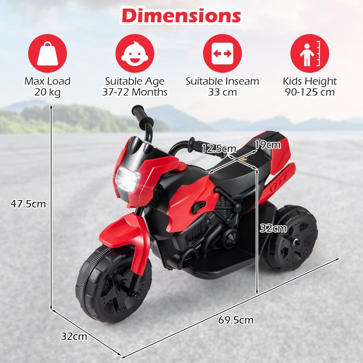 Coast Elektromotorrad für Kinder – Dreirad-Ausführung – mit LED-Scheinwerfer – rot