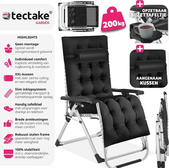 tectake - Liege Klappliege, Gartenliege, stufenlos verstellbar, Outdoor-Sessel für Balkon oder Garten, Liege mit extra dickem Kissen, Liege belastbar bis 200 kg (schwarz)