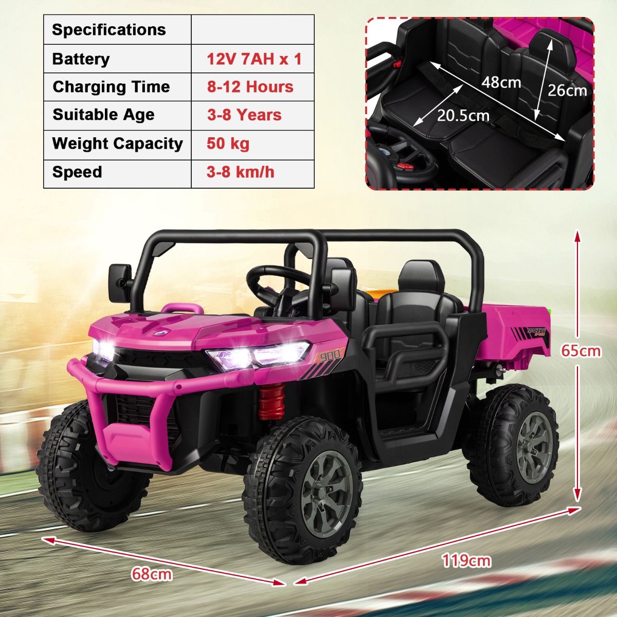 Coast Elektrischer Kippwagen für Kinder – 2 Sitze – Fernbedienung – Rosa
