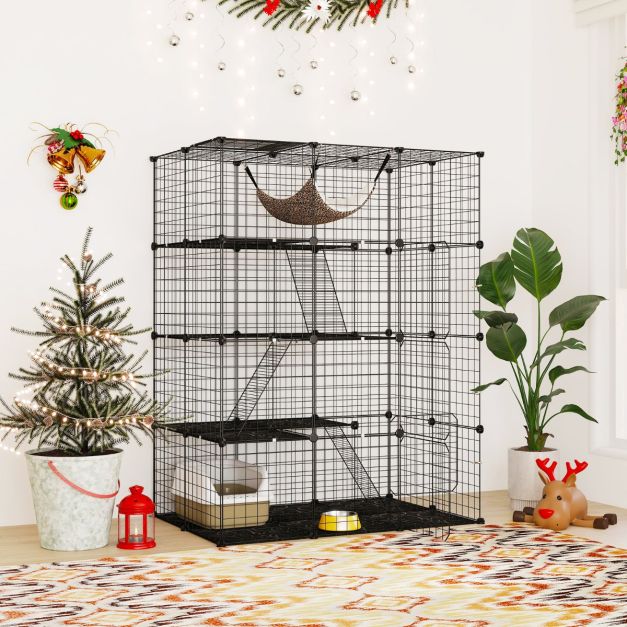 Geräumiger 4-stöckiger Katzenkäfig 143 cm hoch - Schwarzer Metalldrahtkäfig mit Hängematte, Regalen und Leitern für Katzen und kleine Haustiere