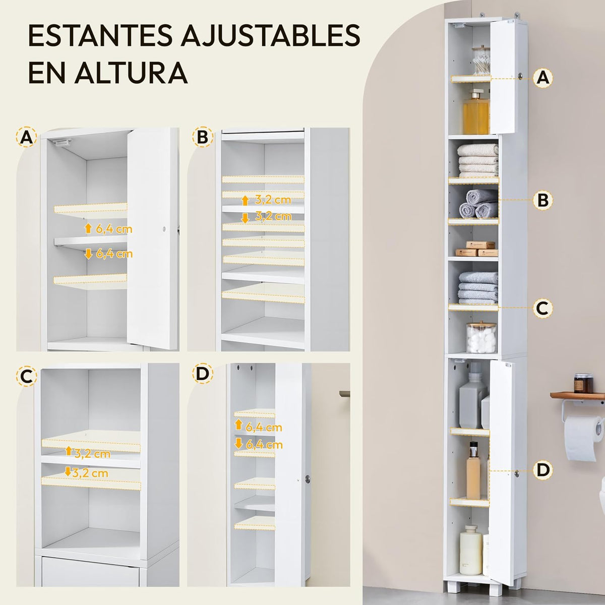Yaheetech Schmaler Badezimmerschrank mit 6 verstellbaren Einlegeböden, 20 × 20 × 180,5 cm, weiß