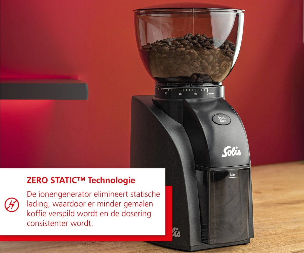 Solis Scala Zero Static 1662 Kaffeemühle - Elektrische Kaffeemühle - Kaffeemühle mit 24 Mahlgradeinstellungen - Antistatisch - Schwarz