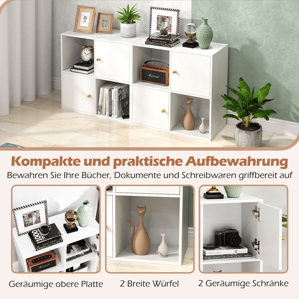 Coast Bücherregal mit 4 Fächern – mit Kippschutz – 2 Türen – weiß – 60 x 29 x 60 cm