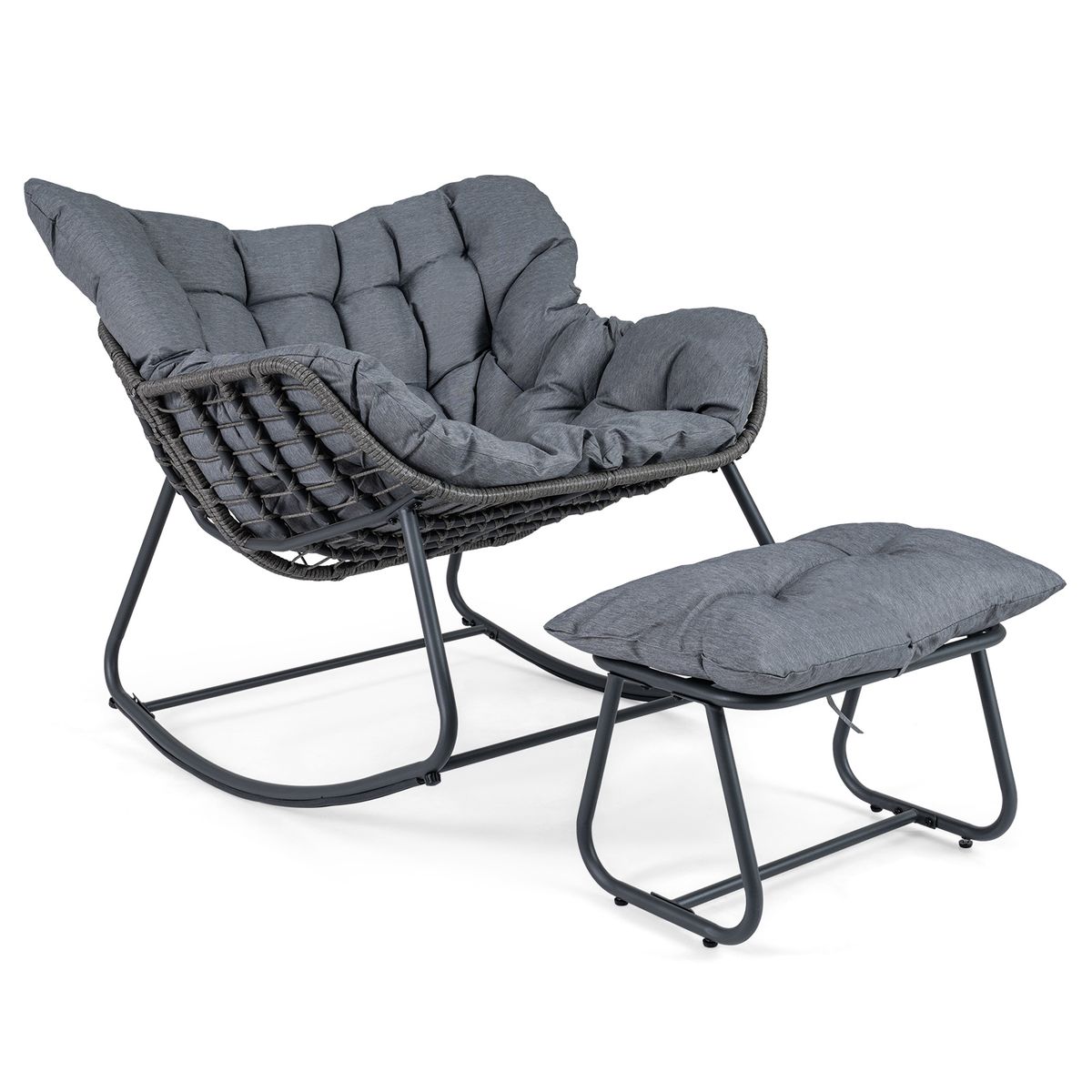 Coast Schaukelstuhl mit Fußhocker – ergonomisches Design – PE-Rattan und Metallgestell – schwarz/grau/beige