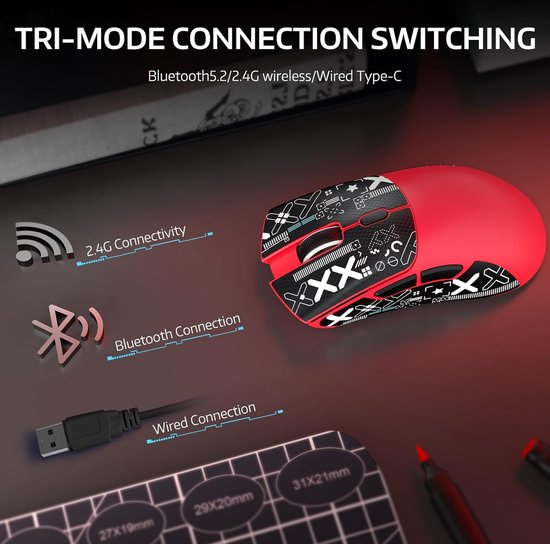 ATTACK SHARK R1 Superlight Gaming Mouse 59g - Rot - 12,2 × 6,4 × 3,8 cm - Kabellos & kabelgebunden - Bis zu 18.000 DPI - 65 Stunden Batterielaufzeit