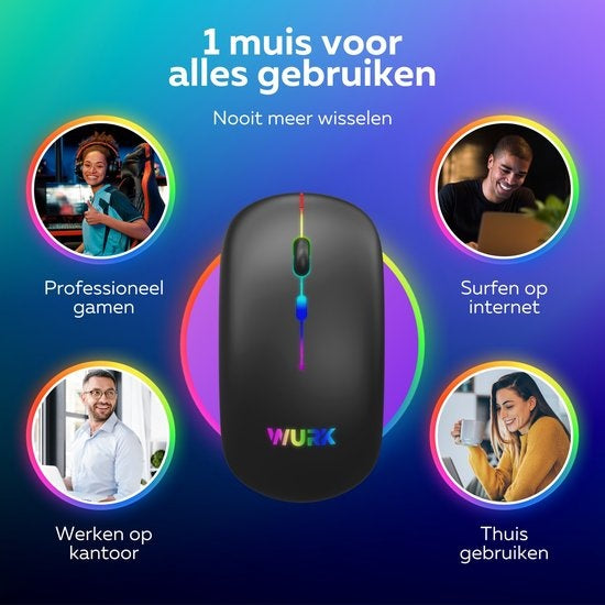 Wurk Wireless RGB Mouse - Wiederaufladbar - Bluetooth 4.0 - 2.4GHz - USB - Drahtlos - Computermaus - Laptop - PC - Schwarz