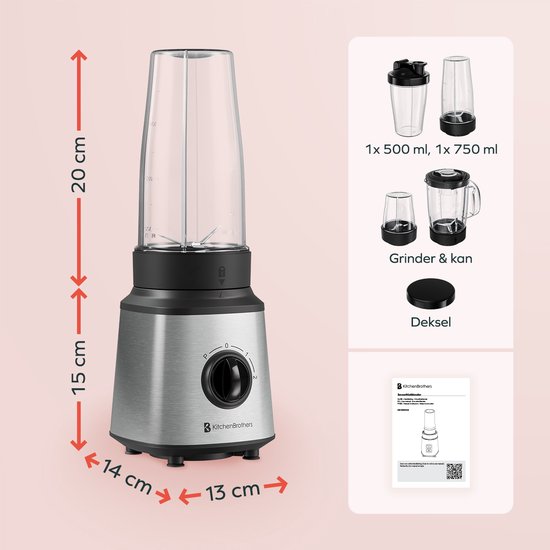 KitchenBrothers Blender - Komplettset - 2x 750ml Schüssel - Zerkleinerer - Stampfer - To-Go Becher - Edelstahl