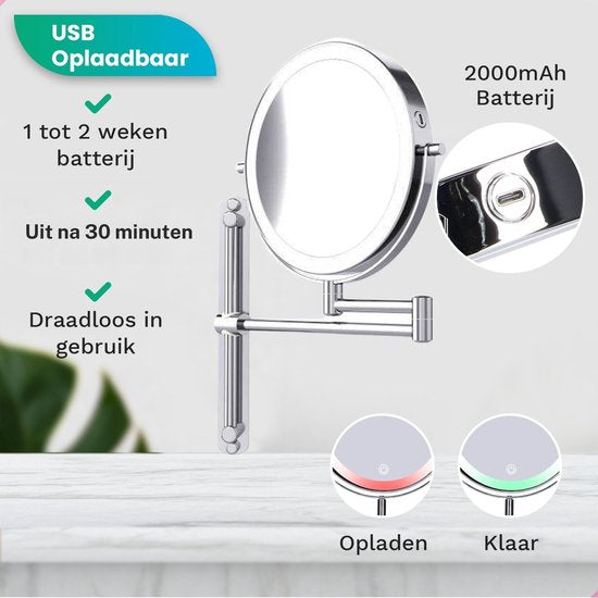 Mirlux Make-up-Spiegel mit Led-Beleuchtung - Wiederaufladbar - 7-fache Vergrößerung - Vergrößerungsspiegel mit Licht - Rasierspiegel - Badezimmerspiegel - Chrom