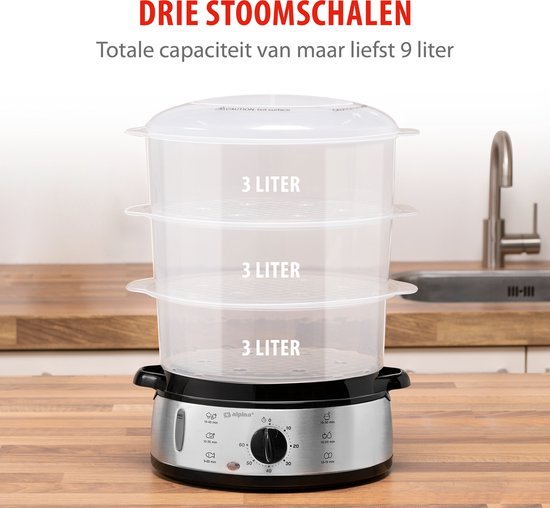 alpina Dampfgarer 9 l – Dampfgarer 800 W – Dampfgarer mit Timer und Warmhaltefunktion – 3-Etagen-Gemüsedampfgarer – Dampfgarer für Gemüse, Reis, Hähnchen, Obst, Fisch und Eier – Edelstahl