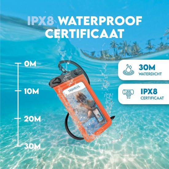 Travelly ® - Wasserdichte Handytasche 2er Set - Universelle Unterwassertasche für Smartphone - Geeignet für alle Handys - Drybag - Für Urlaub, Schwimmen & Wassersport - Schwarz/Orange