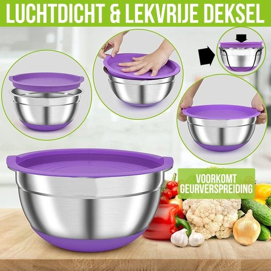 Strex Rührschüsselset 5-teilig - Edelstahl - Rührschüssel mit Deckel - Bratschüssel mit Deckel
