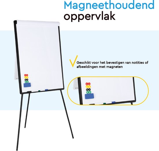 BRASQ Flipchart - 70x100 cm - Verstellbares Whiteboard - Inklusive 25 Blatt Papier, 4 Marker, 8 Magnete, Radiergummi - Magnettafel mit Haken - Magnettafel - Schwarz