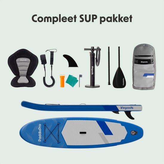 LifeGoods SUP Board All-round Compact - mit Sitz - 100 KG Tragfähigkeit - 300 x 76 cm - Aufblasbar - Komplettes SUP Paket - Blau