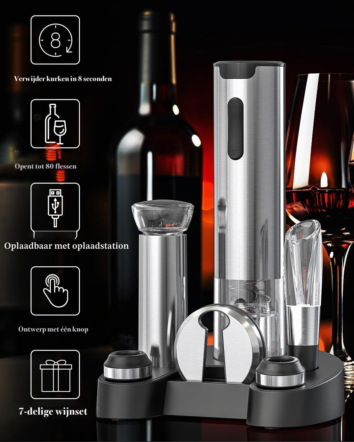 Circle Joy Elektrisches Weinöffner-Set – Wiederaufladbar mit Ladestation – Silber